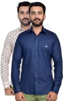 VAPE Men's Solid, Printed Casual White, Blue Shirt(Pack of 2)