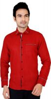 X-Secret Men's Self Design Party Linen Red Shirt