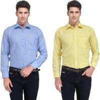 Ausy Men's Solid Formal Blue, Yellow Shirt