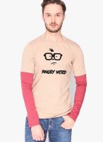 Campus Sutra Beige Printed Round Neck T-Shirts