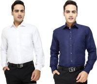 Yuva Men's Solid Formal White, Dark Blue Shirt(Pack of 2)