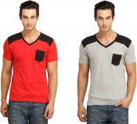 Fio Solid Men's V-neck Red, Grey T-Shirt(Pack of 2)
