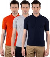 Gdivine Solid Men's Polo Neck Grey, Orange, Dark Blue T-Shirt(Pack of 3)