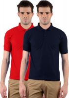Gdivine Solid Men's Polo Neck Red, Dark Blue T-Shirt(Pack of 2)