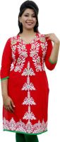 Aavaya Fashion Casual Printed, Embroidered Women's Kurti(Red, White)