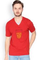 Campus Sutra Solid Men's V-neck Red T-Shirt