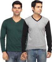 Leana Solid Men's V-neck Green, Grey T-Shirt(Pack of 2)