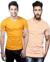 Purple Square Solid Men's V-neck Multicolor T-Shirt(Pack of 2)