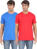 Ap'pulse Solid Men's V-neck Blue, Red T-Shirt(Pack of 2)
