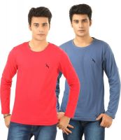 BrownBird Solid Men's Round Neck Red, Blue T-Shirt(Pack of 2)