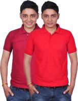 Gdivine Solid Men's Polo Neck Red, Maroon T-Shirt(Pack of 2)