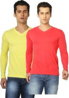 Joke Tees Solid Men's V-neck Gold, Red T-Shirt(Pack of 2)