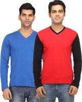 Leana Solid Men's V-neck Red, Blue T-Shirt(Pack of 2)