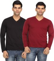 Leana Solid Men's V-neck Black, Maroon T-Shirt(Pack of 2)
