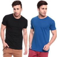 Lowcha Solid Men's Round Neck Black, Blue T-Shirt(Pack of 2)