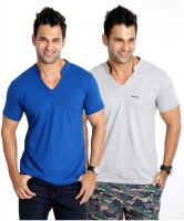Rodid Solid Men's V-neck Blue, Grey T-Shirt(Pack of 2)