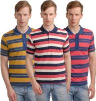 Superjoy Striped Men's Polo Neck Red, Brown, Pink T-Shirt(Pack of 3)