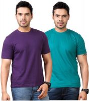 Top Notch Solid Men's Round Neck Purple, Dark Green T-Shirt(Pack of 2)