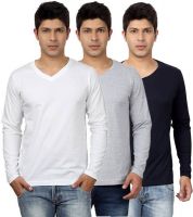 Top Notch Solid Men's V-neck White, Grey, Blue T-Shirt(Pack of 3)