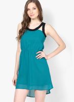 Harpa Green Colored Solid Skater Dress