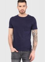 Incult Navy Blue Solid Round Neck T-Shirts