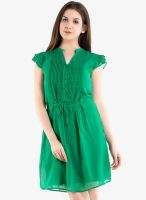Kazo Green Colored Solid Skater Dress