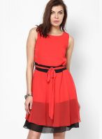 MIAMINX Red Colored Solid Skater Dress