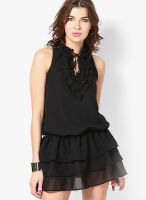 Tops And Tunics Black Colored Solid Skater Dress