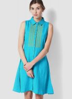 Global Desi Aqua Blue Colored Embroidered Skater Dress