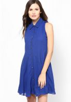 Zink London Blue Colored Solid Skater Dress