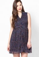 Zink London Navy Blue Colored Printed Skater Dress