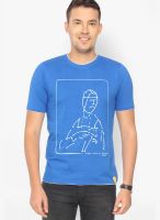 Campus Sutra Blue Printed Round Neck T-Shirts