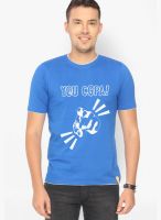 Campus Sutra Blue Printed Round Neck T-Shirts