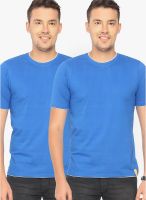 Campus Sutra Blue Solid Round Neck T-Shirts