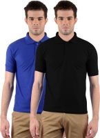 Gdivine Solid Men's Polo Neck Blue, Black T-Shirt(Pack of 2)