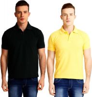 Nimya Solid Men's Polo Neck Black, Yellow T-Shirt(Pack of 2)
