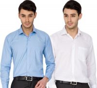 Dennison Men's Solid Formal White, Light Blue Shirt(Pack of 2)