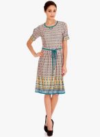 Fusion Beats Aqua Blue Colored Printed Skater Dress