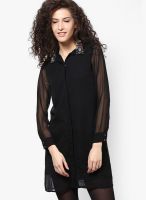 Femella Black Shirt Dress With Embellished Collar