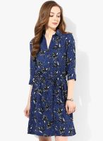 MIAMINX Navy Blue Colored Printed Shift Dress With Belt