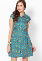 Global Desi Aqua Blue Colored Printed Shift Dress With Lining
