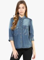 The Vanca Basic Denim Button Down Shirt In Blue Light Wash With Two Pocket Details At Front-Full Sleeeves