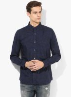 French Connection Navy Blue Printed Slim Fit Casual Shirt