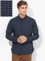 Indian Terrain Navy Blue Printed Slim Fit Casual Shirt