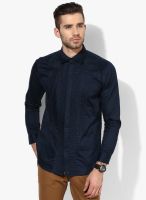 Invern by Monteil Navy Blue Solid Slim Fit Casual Shirt