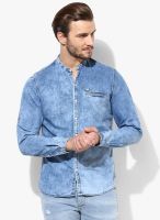 John Players Blue Washed Slim Fit Casual Shirt
