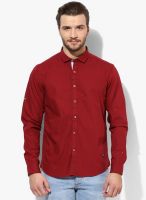 John Players Maroon Solid Slim Fit Casual Shirt