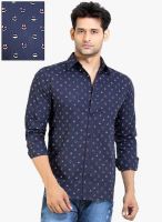 London Bee Navy Blue Printed Slim Fit Casual Shirt