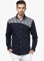 Monteil & Munero Navy Blue Printed Slim Fit Casual Shirt