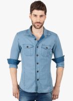 R&C Blue Solid Slim Fit Casual Shirt